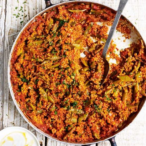 This vegetarian recipe made with runner beans and bulgur wheat serves 4 as a main dish. Bulgur Recipes, Garlic Yogurt, Bulgur Wheat, Wheat Recipes, Runner Beans, Delicious Magazine, Vegetarian Recipe, Yogurt Recipes, Middle Eastern Recipes