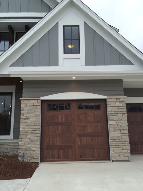 Grey House Brown Garage Door, Dark Brown Garage Doors, Brown Garage Doors, Light Grey House, Home Paint Schemes, Oak Garage Doors, Garage Doors Ideas, Brown Garage Door, Oak Garage