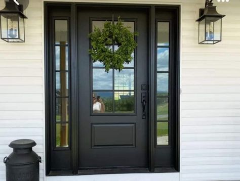 Black Craftsman Front Door, Black Farmhouse Front Door, Black Farmhouse Door, Craftsman Front Door, Black Exterior Doors, Black Farmhouse, Farmhouse Front Door, Farmhouse Doors, Wood Front Doors