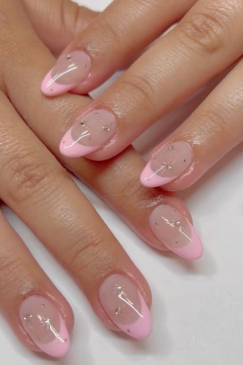 Manicure, Pink French Tip Nails, Nails, Acrylic, Gel, Rhinestones, Gems Cute Short Acrylic Nails Almond Pink, Acrylic Nail Designs Almond Pink, Cute Pink Oval Nails, Simple Cute Nail Designs Almond, Almond Nails Designs Summer 2023, Nails Bejeweled, Cute Pink Almond Nails, Almond Round Nails, Small Almond Nails Design