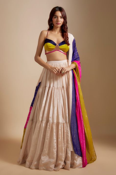 Shop for these amazing collections of Peach Mashroo Hand Tiered Skirt Set With Multi Colored Dupatta For Women by Masumi Mewawalla online at Aza Fashions. Lehenga Designs Navratri, Lehriya Chaniya Choli, Chaniya Designs Style, Navratri Dupatta Designs, Navratri Skirts, Navratri Dupatta, Chaniya Choli Designs Weddings, Navratri Gown, Chaniya Choli Designs Navratri