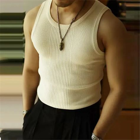 Men's Tank Top Vest Top Undershirt Sleeveless Shirt Knit Tee Plain Vertical Stripes Crew Neck Outdoor Going out Sleeveless Clothing Apparel Fashion Designer Muscle 2024 - $22.99 Semi Formal Outfit, Retro Sports, Denim Patterns, Knitted Vest, School Looks, Vests Mens, Sleeveless Tee, Casual Vest, Bottoming Shirt