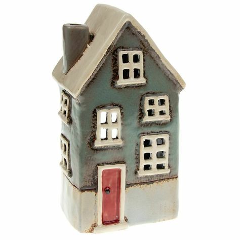 Dark Grey Houses, Tall House, Cottage House Designs, House Candle, Clay House, Pottery Candle Holder, Grey House, Pottery Houses, Pottery Candle