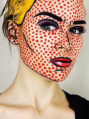 comic-book-pop-art-halloween-makeup Crazy Halloween Makeup, Comic Book Makeup, Comic Makeup, Carnaval Make-up, Pop Art Costume, Karneval Diy, Unique Halloween Makeup, Maquillage Halloween Simple, Pop Art Comic Girl