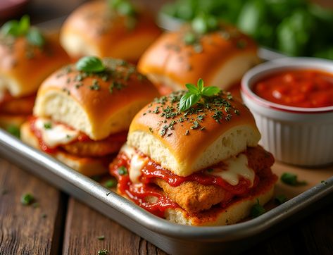 Cooking up Joy - Made with love: Chicken Parmesan Sliders: A Bite-Sized Italian Del... Parmesan Sliders, Iraqi Cuisine, Chicken Parmesan Sliders, Slider Rolls, Sandwich Wraps, Chicken Cacciatore, Pasta Primavera, Melty Cheese, Party Dishes