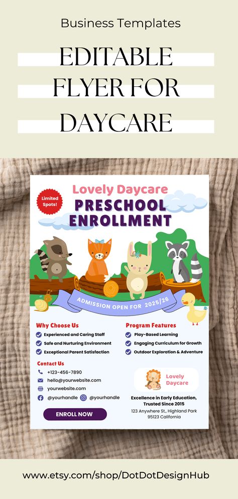 This attractive Flyer Template with an animal theme is designed specifically for promoting your preschool, daycare, childcare, and early education services. It's a Canva template that can be effortlessly customized to match your brand's colors, fonts, and elements. Whether you choose to send it digitally or print it as a flyer, brochure, or leaflet, this modern and appealing editable flyer showcases the essential information of your child care center. Flyer Design Education, Nursery Flyer Design, Daycare Brochure, Pamplet Design, School Pamphlet, Daycare Flyer, Kids Brochures, Sample Flyers, Heading Design