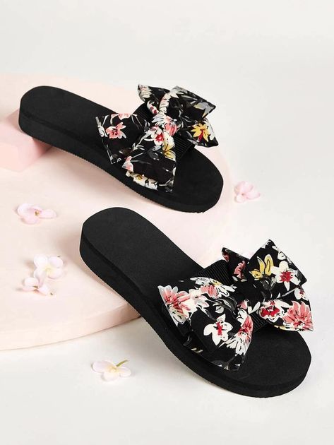 Color:  Multicolor  Details:  Bow  Outsole Material:  EVA  Upper Material:  Polyester  Slippers-Type:  Sliders  Pattern Type:  Floral  Toe:  Open Toe  Style:  Boho Trendy Slippers, Bow Fashion, Pretty Sandals, Fashion Shoes Sandals, Shoes Outfit Fashion, Beautiful Sandals, Fashion Slippers, Bow Decor, Fancy Shoes