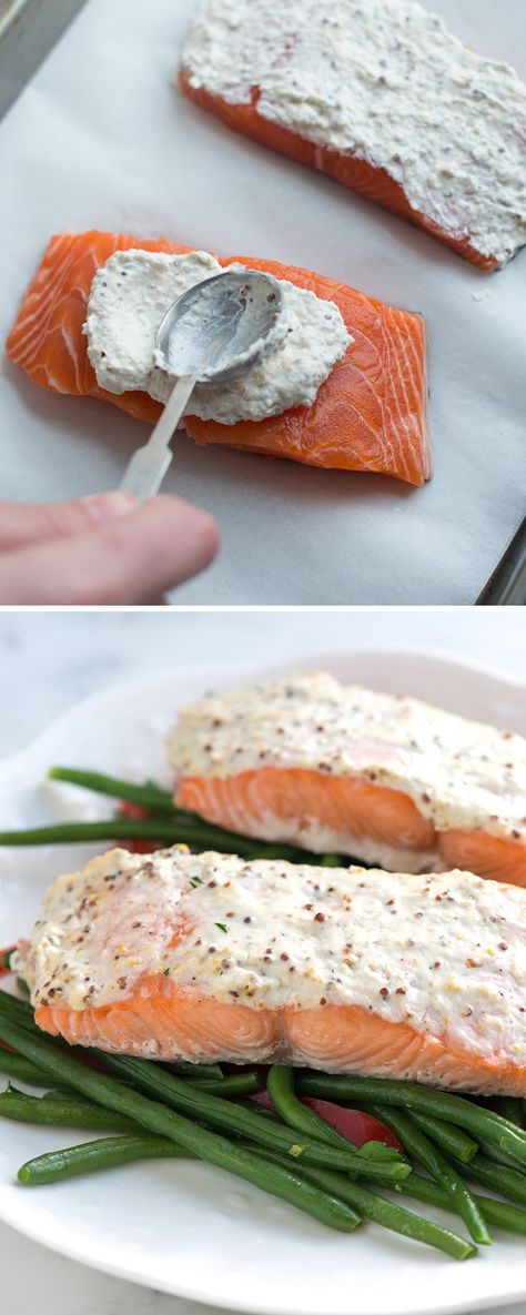 Easy Baked Salmon - Moist and tender baked salmon in less than 30 minutes. We spread a mixture of sour cream, whole ground mustard and parmesan cheese on top of salmon. Then, we slide them into the oven for about 15 minutes. #salmon #dinner Creamy Salmon Recipes Baked, Salmon And Sour Cream Recipes, Sour Cream Salmon, Toppings For Salmon, Easter Salmon Recipes, Salmon Cream Cheese Recipes, Topping For Salmon, Cream Cheese Salmon, Salmon Toppings