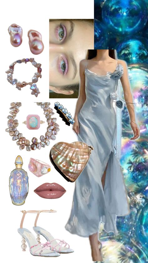 Fairycore, mermaidcore, bubble bath, bubble soap, pearlescent outfit, pearls jewelry, pink and light blue outfit Pink And Light Blue Outfit, Style Chart Aesthetic, Light Blue Outfit, Fairycore Outfit, Princess Outfit, Venus Fashion, Blue Costumes, Lit Outfits, Mermaid Aesthetic