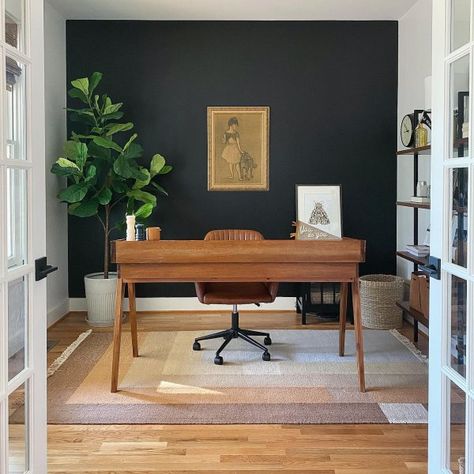 Tricorn Black SW 6258 - Neutral Paint Color - Sherwin-Williams Sw Tricorn Black, Wood Desk Design, Tricorn Black, Living Room Transformation, Black Accent Walls, Dark Paint Colors, Hearth Room, Sherwin Williams Paint Colors, Accent Wall Bedroom