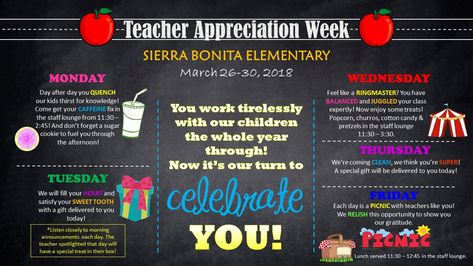 Teacher Appreciation Week Ideas - Party Ideas for Real People Lunch Schedule, Teacher Appreciation Week Ideas, Appreciation Week Ideas, Teacher Appreciation Door Decorations, Teacher Appreciation Lunch, Teacher Appreciation Week Themes, Teacher Appreciation Doors, Printable Schedule, Morning Announcements