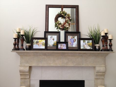 Mantel Decorating Ideas Picture Frames, Mantle Decor Family Picture, Mantel Decor With Pictures, Picture Frames On Mantle Display, Photo Frames On Fireplace Mantle, Fireplace Mantle Decor With Family Photo, Photos On Mantle Ideas, Mantle With Picture Frames, Mantel Decorating Ideas With Pictures