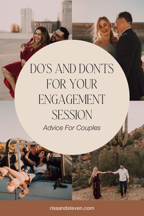 If you have an engagement session or couples session coming up, here are a few planning tips to make sure you're getting the most out of your photos! Head to the blog to read more about how to prepare for your engagement session - what to do and what not to do. From an Arizona wedding photographer! Engagement Photos Dos And Donts, Taking Your Own Engagement Photos, Engagement Photo Tips, Spring Engagement Photos Outfits Plus Size, What To Wear For Engagement Pictures, Engagement Photo List, Engagement Photos Makeup, Engagement Shoot Makeup, Engagement Shoot Props