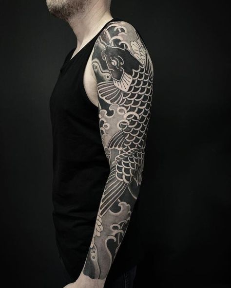 Koi fish tattoo black and white Black White Japanese Tattoo, Japanese Tattoo Cover Up Ideas, Koi Fish Tattoo Black And Grey, Black And White Koi Fish Tattoo, Japanese Sleeve Tattoos Black And Grey, Japanese Black And Grey Tattoo, Black Koi Fish Tattoo Design, Japanese Koi Fish Tattoo Sleeve, Fish Tattoo For Women