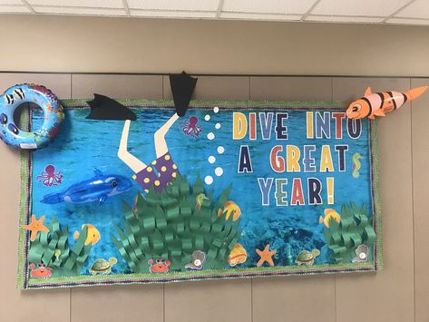 Bulletin Board Ocean Preschool Bulletin Board, Fish Tank Bulletin Board Ideas, Under The Sea Themed Bulletin Boards, Dolphin Bulletin Board Ideas, Ocean Bulletin Board Ideas Sea Theme, Bulletin Board Under The Sea, Swim Team Bulletin Board Ideas, Underwater Bulletin Board, Under The Sea Bulletin Board Ideas