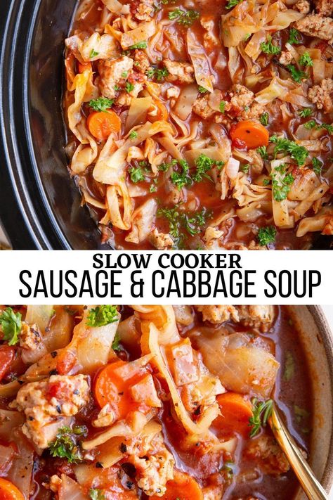 Crock Pot Sausage and Cabbage Soup is a beautiful combination of fresh vegetables, rich tomato broth, and Italian sausage. This simple recipe is easy to customize and is the perfect weeknight dinner for the chilly months of the year. #crockpot #slowcooker #sausage #cabbage Sausage Cabbage Soup, Sausage And Cabbage Soup, Crock Pot Sausage, Cabbage Soup Crockpot, Sausage Cabbage, Sausage And Cabbage, Sausage Crockpot, Crock Pot Cabbage, Sausage Soup Recipes