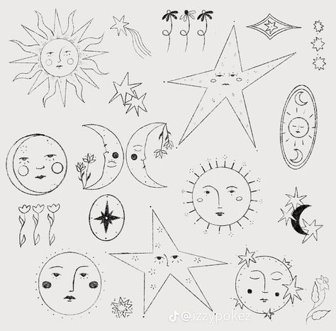 Sun Dance Tattoo, Star Flash Tattoo, Fine Line Flash Tattoo, Transformation Tattoo Ideas, 70s Tattoo Ideas, Art History Tattoo, Antique Tattoo Ideas, Moon Doodle, Aesthetic Tattoo Ideas