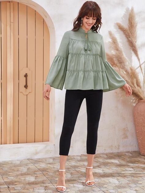 Tassel Tie Neck Flounce Sleeve Tiered Blouse | SHEIN USA Clothing Reference, Tiered Blouse, Flounce Sleeve, Women Blouses, Shein Style, Tie Neck, Blouse Designs, Fashion Illustration, Fashion News