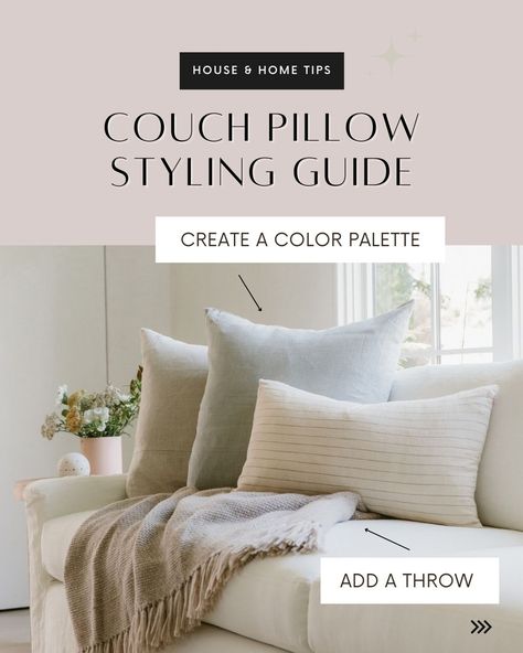 Add the perfect touch of comfort and style to your living space with couch pillows. Here are five steps on how to style the perfect pillow placement. 1. Create a color palette⁠ 2. Add a throw 3. Layer with medium size pillows 4. Largest pillows in the back 5. Finish with small sizes in front Learn more tips on styling couch pillows on our website. #homestyle #interiordesigntips Beige Sectional Throw Pillow Ideas, Pillow Sizes For Sectional, Pillows For L Shaped Couch, Sectional Cushion Styling, Pillows On Off White Couch, Minimal Pillows On Couch, Sofa Cushions Arrangement Living Rooms, Cushion Styling Couch, Pillow Size For Couch