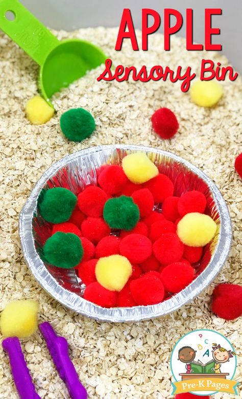 Apple Week Sensory Bin, Apple Facts For Preschool, Red Sensory Activities, Apple Craft Toddler, Easy Fall Sensory Bin, Apple Activities For Infants, Toddler Food Activities, Apple Toddler Activities, Red Sensory Bin