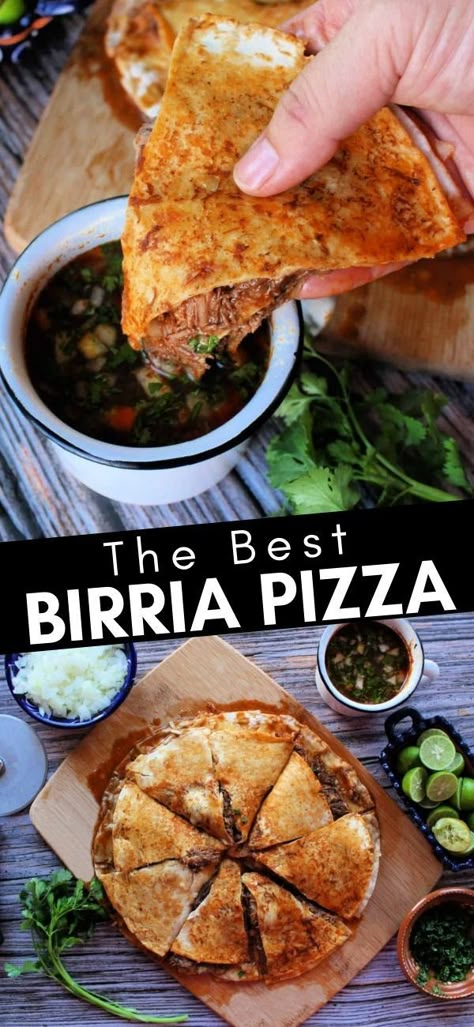 Birria Taco Pizza Recipe, Beef Birria Pasta, Birra Pizza Recipe, Birria Pizza Trader Joe’s, Birria Pizzadilla, Birria Pizza Recipe, Birria Recipes, Pizza Melts, Birria Pizza