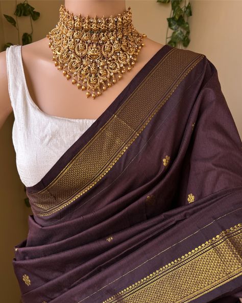 Www.thejacouture.in > Full Butta Traditional cotton silk saree > coffee brown cotton silk saree. . Saree Description: Coffee brown cotton silk saree with contrast zari border and butta all over. Comes with running blouse. Saree height: 46 inches. Saree length: 5.5 meters. Blouse : 80cm Care: Normal wash. priced:1450/- INR For for details and query direct message us❤️. . #saree #sareelove #sareelovers #sareeblouse #sareefashion #sareedraping #sareepact #sareeblousedesigns #sareeinspira... Sarees Traditional, Indian Wedding Gowns, Cotton Silk Saree, Simple Sarees, Blouse Saree, Blouse Neck, Blouse Neck Designs, Brown Silk, Coffee Brown