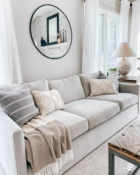 Cream Couch With Gray Pillows, Light Grey Couch With Blue Accents, Couch For Grey Floor, Pillows For Light Grey Sectional, Light Grey Couch With Throw Pillows, Light Grey Couch Throw Pillows, Frost Gray Couch, Grey Sofa Cream Cushions, How To Style A Light Grey Couch