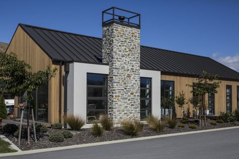 Tile Chimney, Exterior Stone Tiles, Wanaka House, Commercial Exterior, Exterior Tiles, Stone Cladding, House Aesthetic, Exterior Stone, Stone Tile