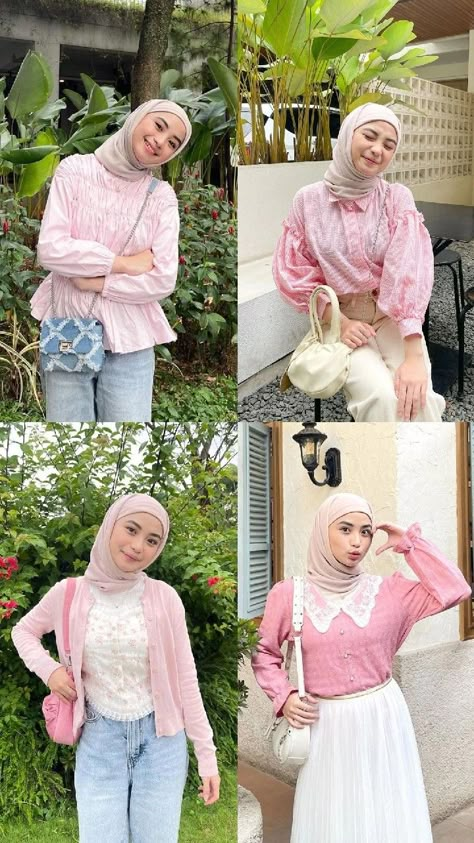 Pink Hijab Outfit Casual, Mix And Match Pink Outfit Hijab, Pink Outfits Aesthetic Hijab, Outfit Pink Hijab Casual, Ootd Kampus Hijab, Hijab Ootd Casual, Pink Pastel Outfit, Hijab Ootd Aesthetic, Pink Outfit Hijab