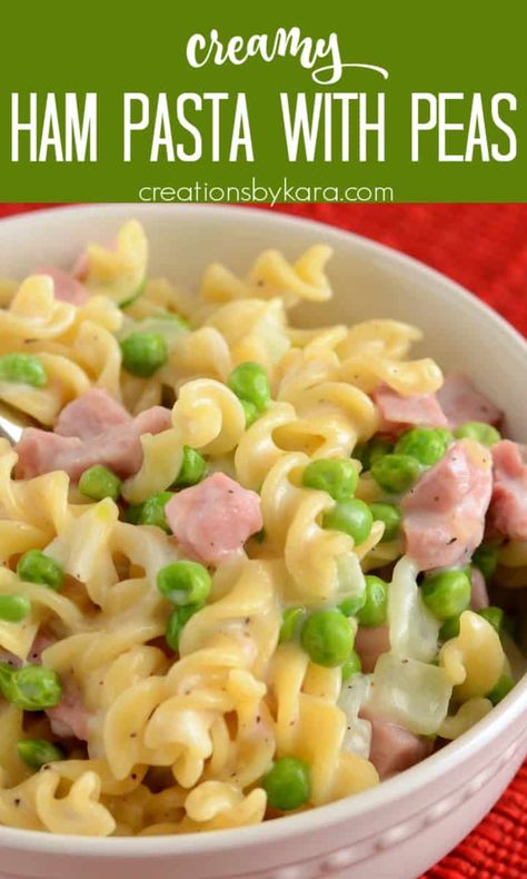 Looking for a quick dinner recipe? This Creamy Ham Pasta fits the bill! A tasty way to use leftover ham, and it's ready in 30 minutes. #hampasta #leftoverham @Creations by Kara Recipes With Cubes Ham, Recipe With Ham Leftovers, Leftover Ham Recipes Freezer, Ham Noodles And Peas, Leftover Ham And Rice Recipes, Dinner Ideas For Leftover Ham, Slice Ham Recipes Dinners, Tinned Ham Recipes, Ham And Egg Noodles Recipes