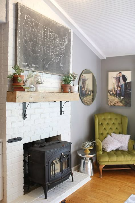 Birch + Bird Vintage Home Interiors » Blog Archive » Week + End: High Five, It’s Friday! Basement Fireplace, White Brick, Fireplace Mantle, Style At Home, A Living Room, Wood Burning Stove, Fireplace Decor, Wood Stove, Home Interior