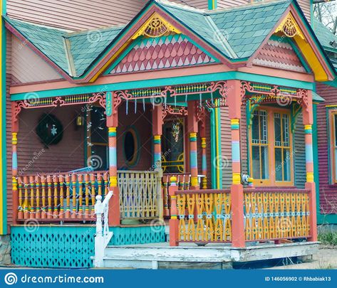 Painted Lady Victorian House, Victorian Dollhouse Exterior Colors, Painted Ladies Houses, Pink Victorian House, Porch Trim, Painted Lady House, Porch Paint, Pink Victorian, Porch Columns