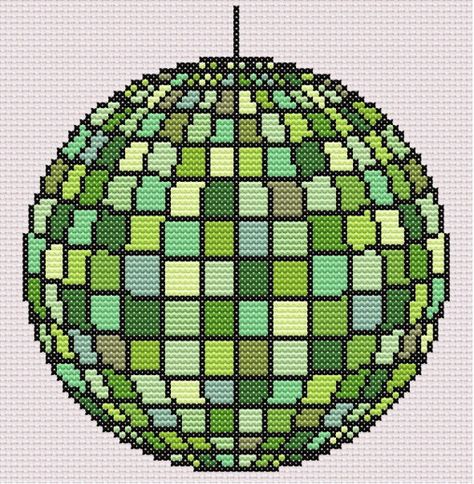 This is a listing for a PDF file for a cross stitch pattern of a disco ball in various shades of green. You will receive the following: 2 PDF files - one in black and white, and one in color. Each PDF includes a floss legend in DMC embroidery floss colors, and a picture of the finished piece. 1 PDF of a cross stitch tutorial. Size: On 14 count aida, the size is 5.9 inches by 6 inches. This will change if you use a different aida. The design is 83 x 85 stitches. 13 DMC colors are used. This is a Little Cross Stitch Patterns, Disco Ball Embroidery, Spongebob Cross Stitch, Cross Stitch Border Patterns, Simple Pixel Art Patterns, Disco Ball Alpha Pattern, Disco Ball Cross Stitch Pattern, Water Cross Stitch, Disco Ball Cross Stitch