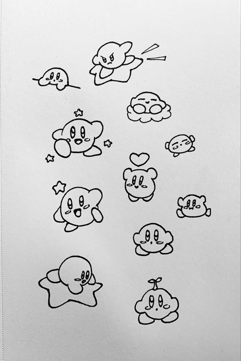 kirby mini tatto flash sheet small tattoo cute hawaii nintendo matching friendship tattoos Kirby Outline Tattoo, Tiny Kirby Tattoo, Matching Drawings Ideas, Matching Kawaii Tattoos, Matching Kirby Tattoos, Tiny Cartoon Tattoos, Simple Kirby Tattoo, Simple Mario Tattoo, Kirby Flash Tattoo