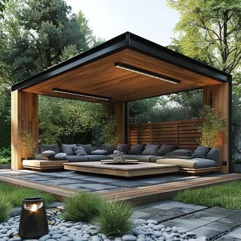 Modern Gazebo Ideas Backyard Outdoor, Garden Gazebo Ideas, Wooden Garden Gazebo, Modern Gazebo, Gazebo Ideas, Contemporary Garden Design, Rooftop Terrace Design, Outdoor Gathering, Modern Pergola