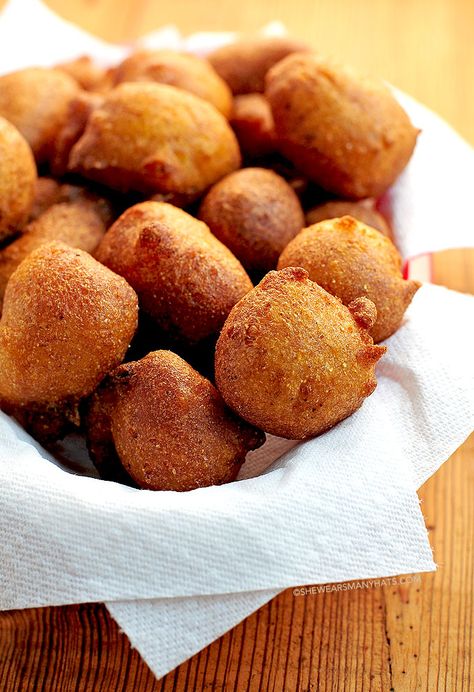 Beer Batter Hush Puppies Recipe | She Wears Many Hats Perch Recipes, Hush Puppies Recipe, Hush Puppy, Barbecue Side Dishes, Bbq Side Dishes, Beer Food, Mardi Gras Food, Cooking With Beer, Battered Fish