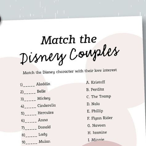 Amanda ☀️ on Instagram: "Who's your favorite Disney couple? I think mine is Minnie and Mickey! It's hard to beat those two💕⁣⁣
⁣ ⁣
Download this Match the Disney Couples game today! Link in bio✨⁣⁣
⁣ ⁣
⁣ ⁣
⁣ ⁣
[Photo Description] Bridal Shower game Match the Disney Couples with the text "Instant Download Disney Bridal Shower Games" over it. A classic Mickey and mauve Minnie bow decorate the post. ⁣⁣
#bridalshowergames #matchthedisneycouples #disneycouples #disneycouple #disneylove #disneythemed #bridalshower #bridalgames #disneyfan #disneygame #bridalshowerinspo #bridalshowerinspiration #spaceshipearthdesign" Bridal Shower Disney Theme, Elegant Disney Bridal Shower Ideas, Disney Bridal Shower Ideas, Disney Bridal Shower Games, Bridal Shower Favors Disney, Disney Themed Bridal Shower Invitations, Disney Themed Bridal Shower Games, Disney Love Songs Bridal Shower Game, Disney Love Songs