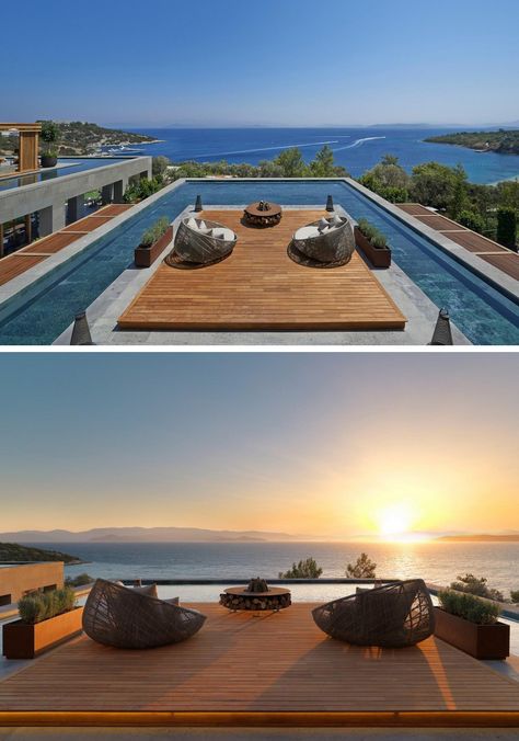 DESIGN DETAIL: A Rooftop Pool With An Ocean View - This rooftop sun-deck and pool can be found at the Mandarin Oriental Hotel in Bodrum, Turkey. Apartment Rooftop, Bodrum Turkey, House Outer Design, Luxury Swimming Pools, Swimming Pools Inground, Outdoor Pools, Luxury Pools, Luxury Resorts, Beach House Design