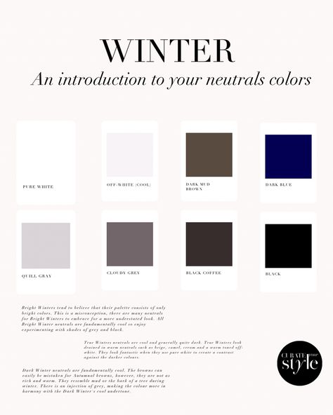 Neutrals for Winters based on Colour Season Analysis. Cold Winter Color Type, Bright Winter Neutrals, Dark Winter Neutrals, Neutrals Clothing, Deep Winter Palette Outfits, Winter Color Season, True Winter Palette, Sultry Winter, True Cool Winter