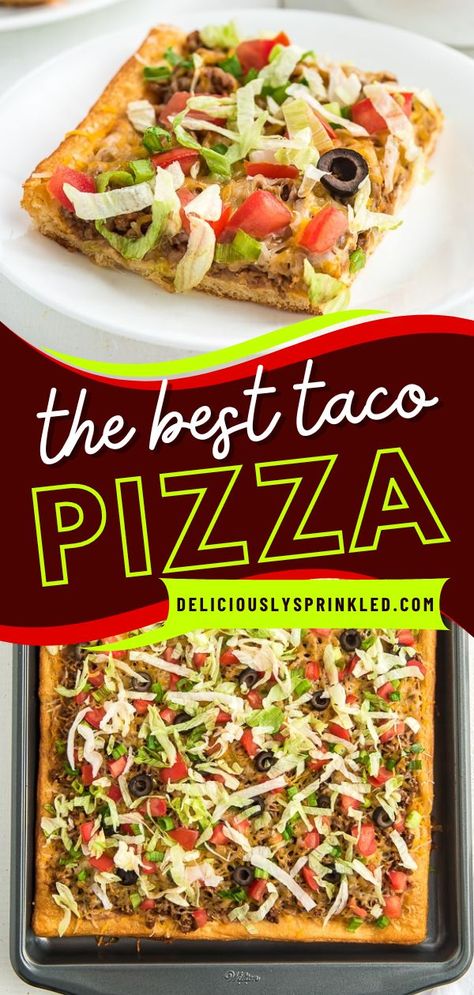 The BEST taco pizza! It's a simple dinner recipe featuring crescent rolls. Piled high with beans, ground beef, and your favorite toppings, this easy weeknight meal is sure to be a hit with the whole family! Recipe With Crescent Rolls, Taco Pizza Recipe, Easy Taco Pizza, Crescent Roll Recipes Dinner, Taco Pizza Recipes, Mexican Pizza Recipe, Pizza Sandwich Recipe, Beef Pizza, Beef Appetizers