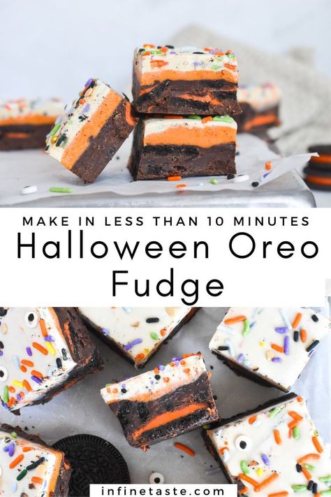 squares of fudge stacked on top of each other. Halloween Fudge, 5 Minute Fudge, Halloween Oreos, Brownie Trifle, White Chocolate Fudge, Dark Chocolate Fudge, Oreo Fudge, Chocolate Garnishes, Halloween Treats For Kids