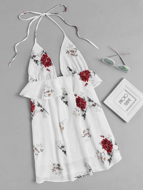 Halter Neck Floral Print Random Frill Trim Dress Mode Hippie, Nature Dress, Womens Halter Tops, Floral Print Rompers, Trim Dress, Casual Summer Dresses, Trendy Dresses, Outfits Casuales, Halter Neck