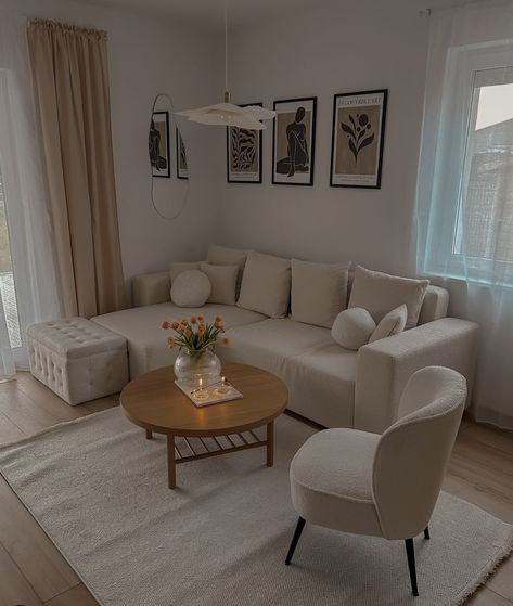 For a cozy and inviting neutral aesthetic living room in a small space, incorporating a sherpa chair can add both comfort and style. (Instagram photo credit: @patinhome ) #Neutralinspo #livingroominspo #aesthetic Tan Couch Aesthetic, Beige Aesthetic Apartment Living Room, Cream Sofa Aesthetic, Cream L Sofa Living Room Small Spaces, Neutral Aesthetic Living Room, Beige L Shaped Couch Living Room, Taupe Couch, Sherpa Chair, Neutral Living Room Decor