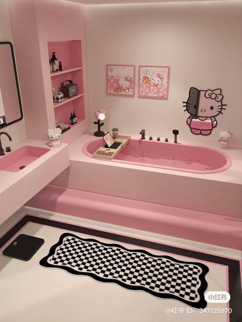 Hello Kitty Restroom, Hello Kitty Bathroom Ideas, Hello Kitty Bathroom Decor, Hello Kitty Interior, Sanrio Bathroom, Y2k Bathroom, Kawaii Bathroom, Hello Kitty Bathroom, Hello Kitty Room Decor