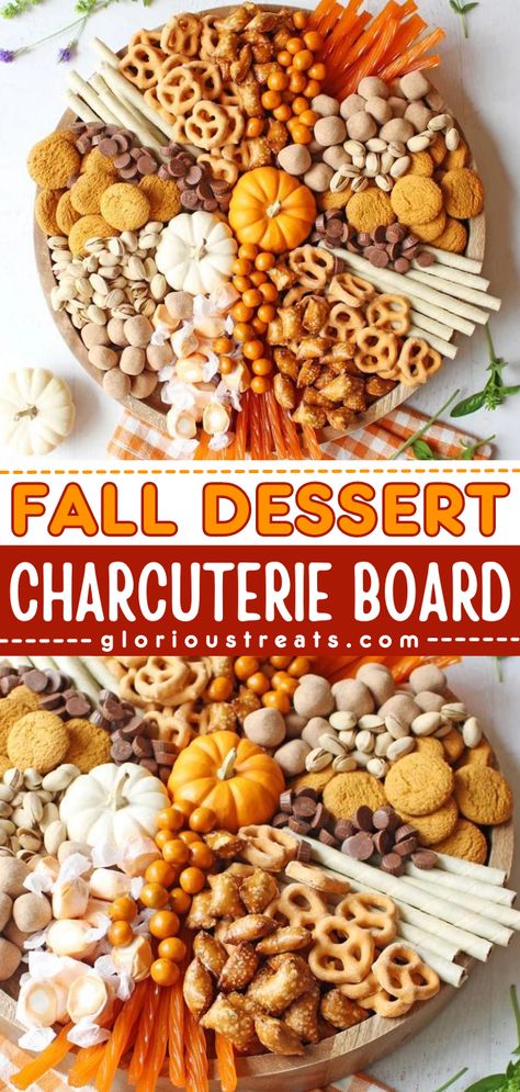 Out of simple Fall food ideas? Make a beautiful Fall Dessert Charcuterie Board! Create this impressive tray filled with sweet and salty treats for easy entertaining all through the holiday season! Pin this easy Fall recipe. Fall Themed Party Food Ideas, Fall Cookie Tray Ideas, November Snack Ideas, Dessert Board Thanksgiving, Fall Candy Charcuterie Board, Desert Charcuterie Board Thanksgiving, Fall Dessert Charcuterie Board, Treats Charcuterie Board, Fall Dessert Charcuterie Board Ideas