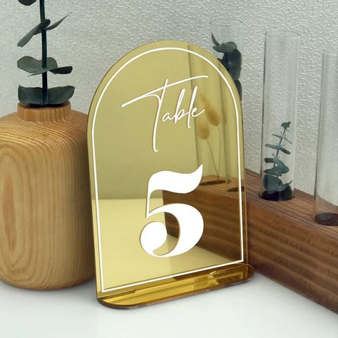 Mirror Wedding Table Numbers, Mirror Wedding Table, Table Number Stand, Golden Arch, Picture Acrylic, Number Table, Table Number Stands, Mirror Wedding, Golden Mirror