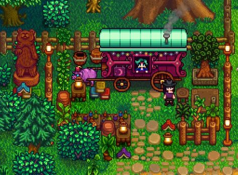 I decorated the area around the travelling cart in stardew and I love how it looks!(⁠◍⁠•⁠ᴗ⁠•⁠◍⁠) Stardew Beach Farm Ideas, Stardew Valley Fair Grange Display, Stardew Valley Traveling Cart Design, Stardew Valley Town Design, Chicken Coop Stardew Valley, Stardew Valley Crafting Area, Stardew Fruit Bat Cave, Stardew Valley Village Decoration, Stardew Valley Pelican Town Decoration