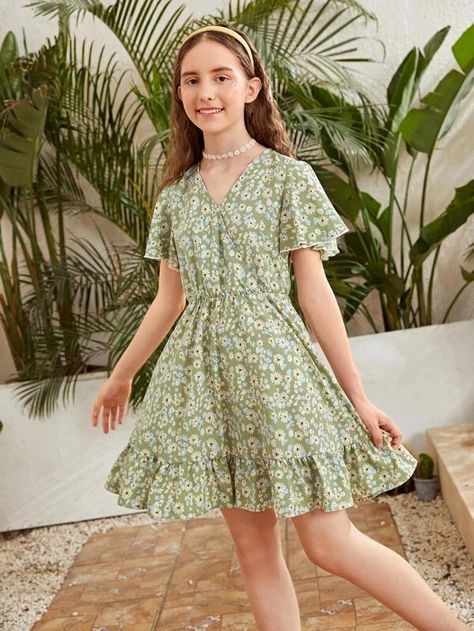 Casual Teen Dress, Cute Dresses For Kids 8-9, Frock For Teens, Olive Outfits, Floral Dress Shein, Posh Dresses, Kids Summer Dresses, Girls Spring Outfits