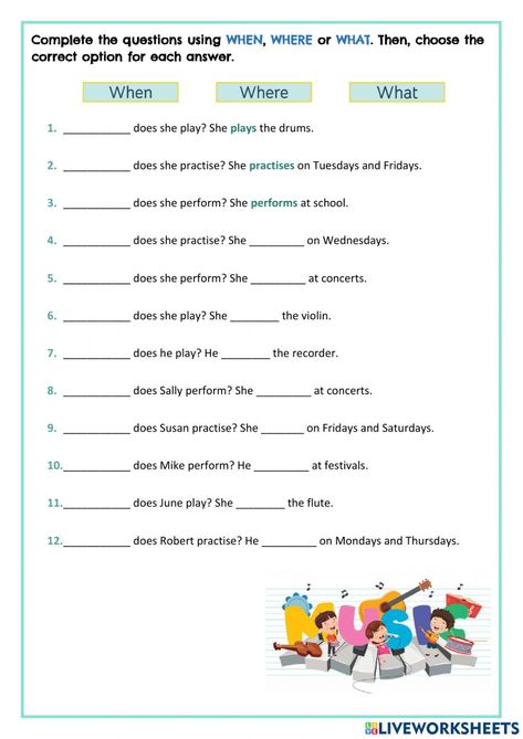 Wh questions online worksheet for Grade 3. You can do the exercises online or download the worksheet as pdf. Wh Question Worksheet For Kids, When Worksheet, Where Worksheet, Present Simple Worksheet, Kindergarten Graduation Songs, Teaching Vowels, Graduation Songs, Worksheets For Grade 3, Simple Present Tense