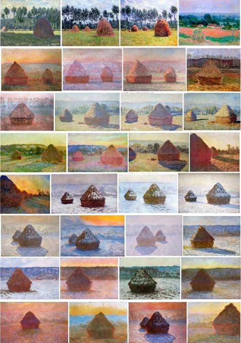 Claude Monet: Haystacks series #ClaudeMonet Claude Monet Haystacks, Monet Haystacks Paintings, Haystacks Monet, Monet Haystacks, Artist Monet, Clouds Painting, Countryside Paintings, Art Alevel, Claude Monet Paintings